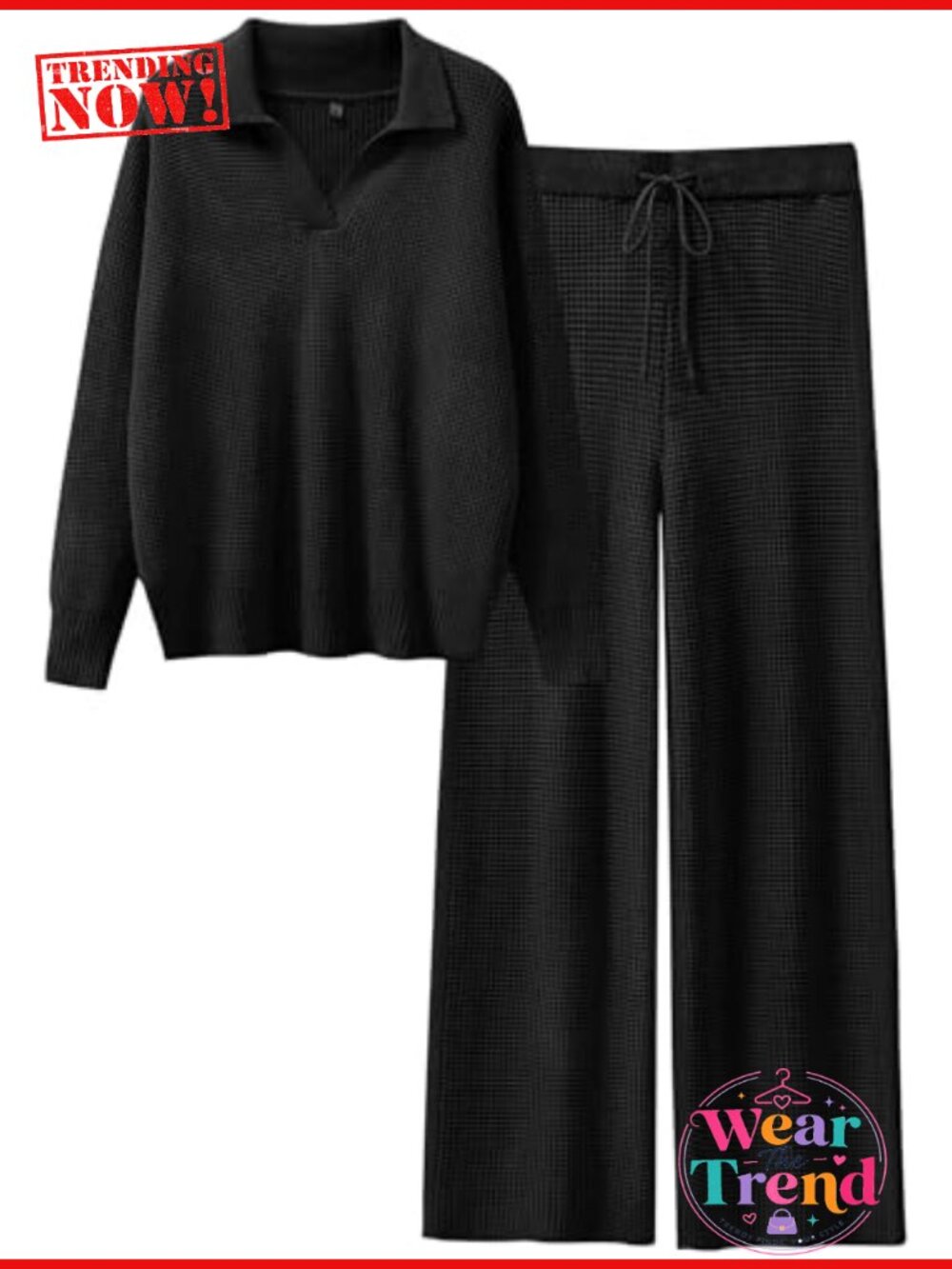 Waffle Knit Sweater Set 2 Piece Lounge Tracksuit Pullover Wide Leg Pants